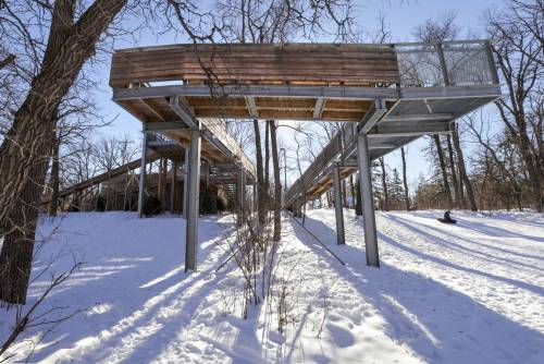 RUTH BONNEVILLE / WINNIPEG FREE PRESS
                                The multi-level Manitoboggan at St. Vital Park features an accessible ramp and metal grates on walkways to reduce snow accumulation.