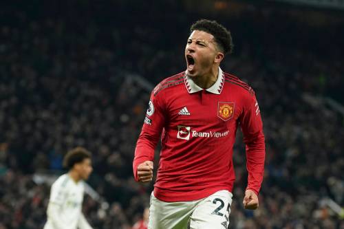 Dave Thompson / The Associated Press
                                Manchester United’s Jadon Sancho celebrates after scoring Wednesday against Leeds during his first game back following a break to take care of his mental health.