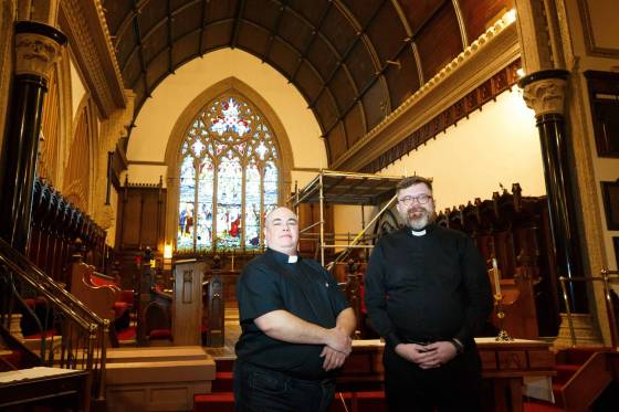 Theo Robinson (left), regional pastor for Interlake Shared Ministry, and Andrew Rampton, rector at Holy Trinity Anglican Church in Winnipeg. (Mike Deal / Winnipeg Free Press)