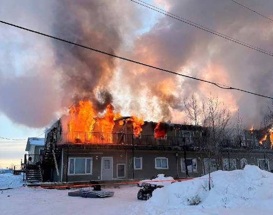 Fire engulfed an apartment complex in Tataskweyak Cree Nation last week. (Handout / RCMP)