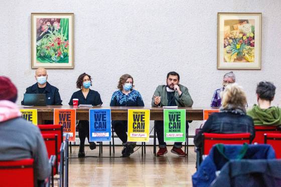 Diwa Marcelino (left), Anna Huard, Liz Carlyle, Omar Kinnerith, and Pat Bird at an event launching Community Solidarity Manitoba, a coalition against the far right, at Broadway Disciples United Church in Winnipeg. (Mikaela Mackenzie / Winnipeg Free Press)