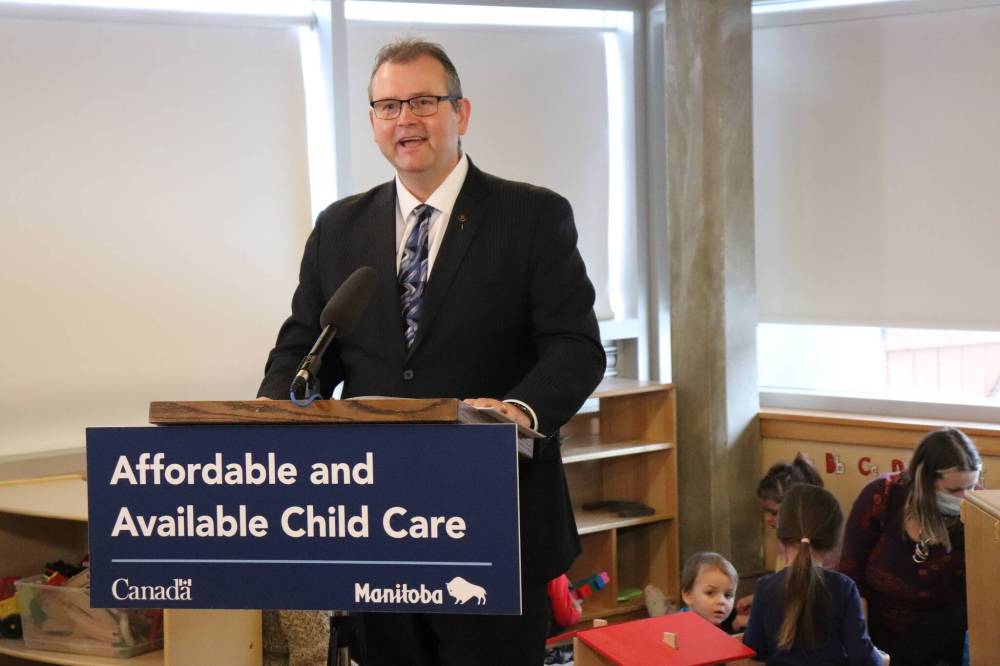 TYLER SEARLE / WINNIPEG FREE PRESS
Manitoba Education and Early Childhood Learning Minister Wayne Ewasko speaking during a childcare funding announcement at the SPLASH Child Enrichment Centre at 363 McGregor St. in Winnipeg.