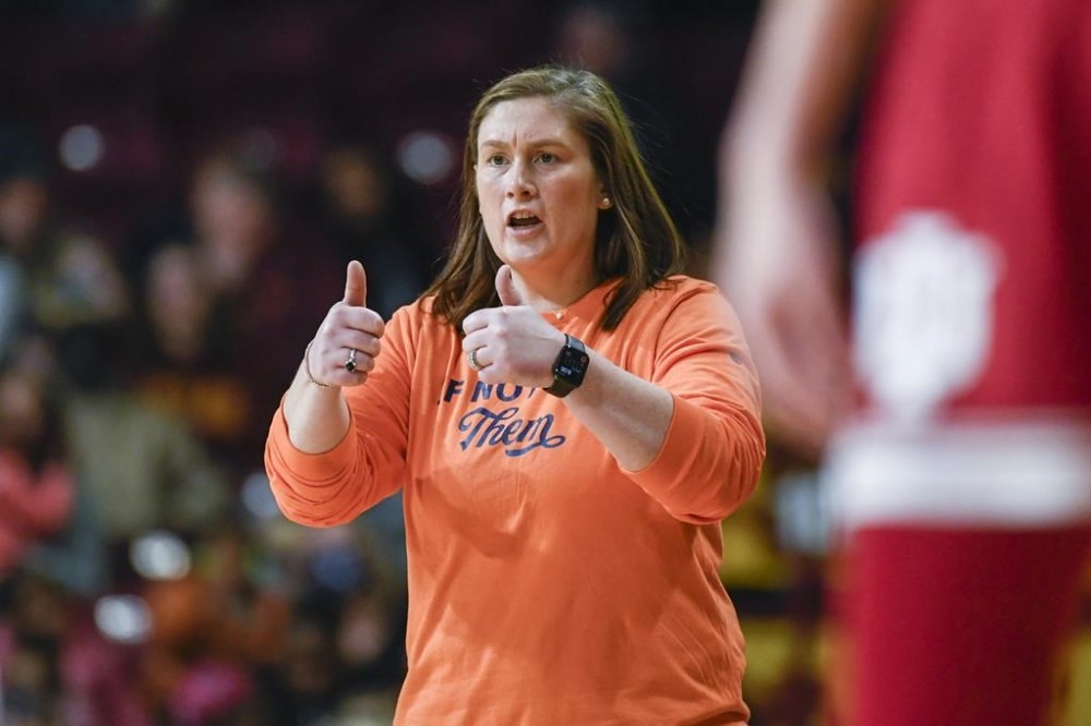 Minnesota head coach Lindsay Whalen works the side line as they play Indiana during the second half of an NCAA college basketball game on Wednesday, Feb 1, 2023, in Minneapolis. Indiana won 77-54. (AP Photo/Craig Lassig)