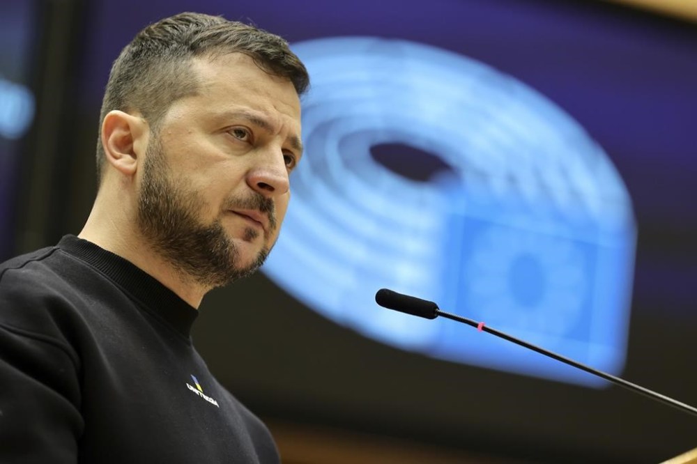 Ukraine's President Volodymyr Zelenskyy speaks during an EU summit at the European Parliament in Brussels, Belgium, Thursday, Feb. 9, 2023. On Thursday, Zelenskyy will join EU leaders at a summit in Brussels, which German Chancellor Olaf Scholz described as a