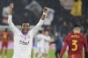 Cremonese David Okereke celebrates after an Italian Cup soccer match against AS Roma, Wednesday, feb. 1, 2023 at Olympic Stadium in Rome. (Alfredo Falcone/LaPresse via AP)