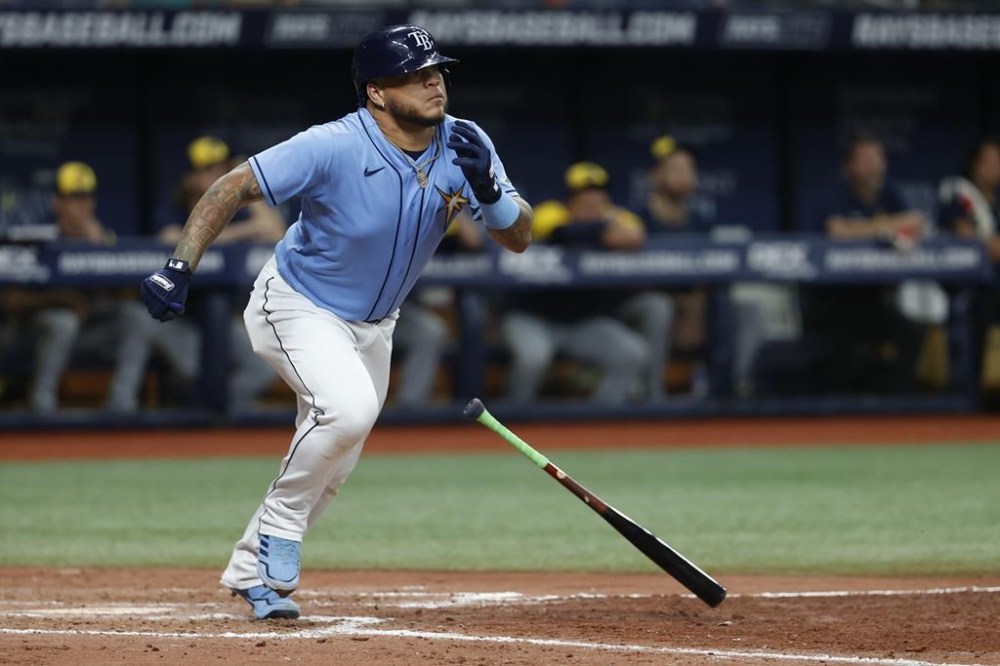 FILE - Tampa Bay Rays' Harold Ramirez leaves the batter's box during the eighth inning of the team's baseball game against the Milwaukee Brewers on June 28, 2022, in St. Petersburg, Fla. Ramirez became the third Tampa Bay player to go to arbitration with the Rays, arguing for a $2.2 million salary during Thursday's hearing rather than the team's $1.9 million offer. (AP Photo/Scott Audette, File)