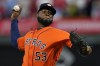 FILE - Houston Astros starting pitcher Cristian Javier throws during the first inning in Game 4 of baseball's World Series against the Philadelphia Phillies, Nov. 2, 2022, in Philadelphia. Javier and the Astros agreed Friday, Feb. 10, 2023, to a $64 million, five-year contract that avoided a salary arbitration hearing. (AP Photo/Matt Slocum, File)
