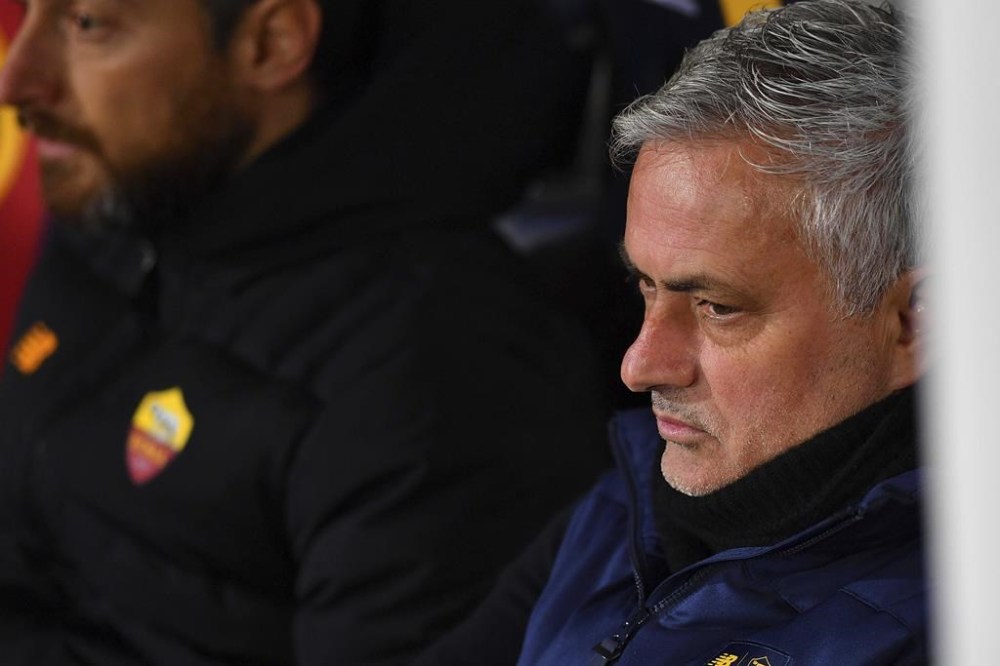 Roma coach Jose Mourinho sits on the bench during the Italian Serie A soccer match between Lecce and Roma at the Via del Mare Stadium in Lecce, Italy, Sunday, Feb. 11, 2023. (Giovanni Evangelista/LaPresse via AP)