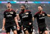 Union's goal scorer Robin Knoche , left, celebrates his goal with teammates during the German Bundesliga soccer match between RB Leipzig and Union Berlin, in Leipzig, Germany, Saturday, Feb. 11, 2023, (Robert Michael/dpa via AP)