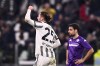 Juventus' Adrien Rabiot celebrates scoring a goal during the Serie A soccer match between Juventus and Fiorentina, at the Allianz stadium in Turin, Italy, Sunday Feb. 12, 2023. (Fabio Ferrari/LaPresse via AP)