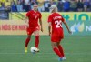 Canada's Shelina Zadorsky, left, controls the ball near teammate Cloe Lacasse during a women's friendly soccer match against Brazil at Neo Quimica Arena in Sao Paulo, Brazil, Tuesday, Nov. 15, 2022. The job action by the Canadian women’s soccer team has already produced results. THE CANADIAN PRESS/AP/Marcelo Chello
