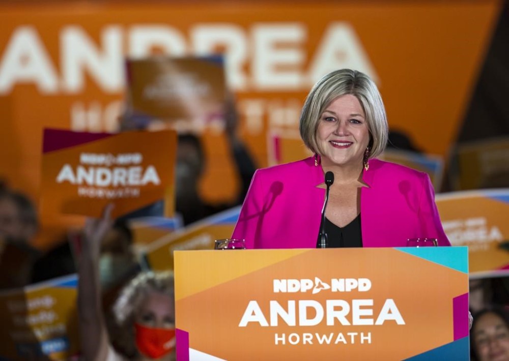 Ontario NDP Leader Andrea Horwath speaks to supporters during her campaign event in Hamilton, Ont., Thursday, June 2, 2022. Ontario Premier Doug Ford has called a byelection for next month to fill the Hamilton seat left vacant by Horwath.THE CANADIAN PRESS/Tara Walton