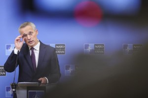 NATO Secretary General Jens Stoltenberg speaks during a news conference following. Meeting of defense ministers at NATO headquarters in Brussels, Wednesday, Feb. 15, 2023. THE CANADIAN PRESS/AP-Olivier Matthys