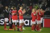 Benfica's players wave their fans at end of the Champions League round of 16 first leg soccer match between Club Brugge and Benfica at the Jan Breydel stadium in Bruges, Belgium, Wednesday, Feb. 15, 2023. Benfica won 2-0. (AP Photo/Geert Vanden Wijngaert)