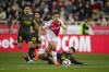 Monaco's Wissam Ben Yedder goes to score his side's 3rd goal during a French League One soccer match between Monaco and Paris Saint-Germain at the Stade Louis II in Monaco, Saturday, Feb. 11, 2023. (AP Photo/Daniel Cole)