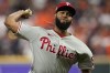 FILE - Philadelphia Phillies relief pitcher Seranthony Dominguez throws during the ninth inning in Game 1 of baseball's World Series between the Houston Astros and the Philadelphia Phillies on Friday, Oct. 28, 2022, in Houston. The Phillies signed right-handed reliever Seranthony Domínguez to a two-year contract extension with a club option for 2025, President of Baseball Operations David Dombrowski announced Thursday, Feb. 16, 2023.(AP Photo/Eric Gay, File)