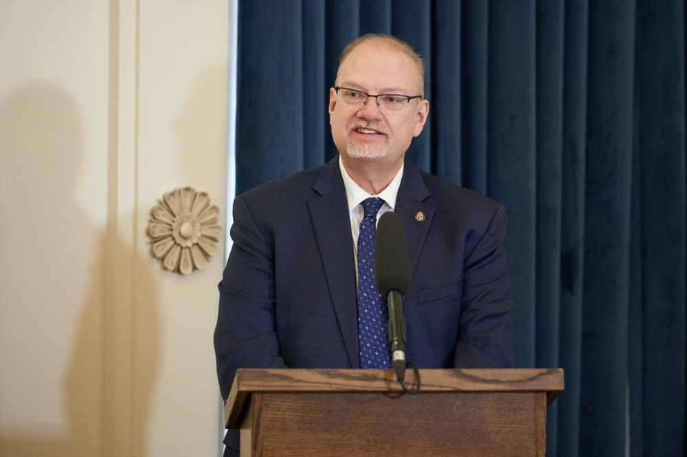 Kelvin Goertzen, Minister of Justice and Attorney-General, Keeper of the Great Seal of the Province of Manitoba and Minister Responsible for Manitoba Public Insurance is sworn in at the Manitoba Legislative Building in Winnipeg on Jan. 18, 2022. Goertzen and Saskatchewan's justice minister are calling for a meeting with their federal, provincial and territorial counterparts on bail reform. THE CANADIAN PRESS/David Lipnowski