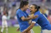 Brazil forward Debinha, left, celebrates after her goal off an assist from Marta, right, during the second half of a SheBelieves Cup women's soccer match against Japan, Thursday, Feb. 16, 2023, in Orlando, Fla. (AP Photo/Phelan M. Ebenhack)