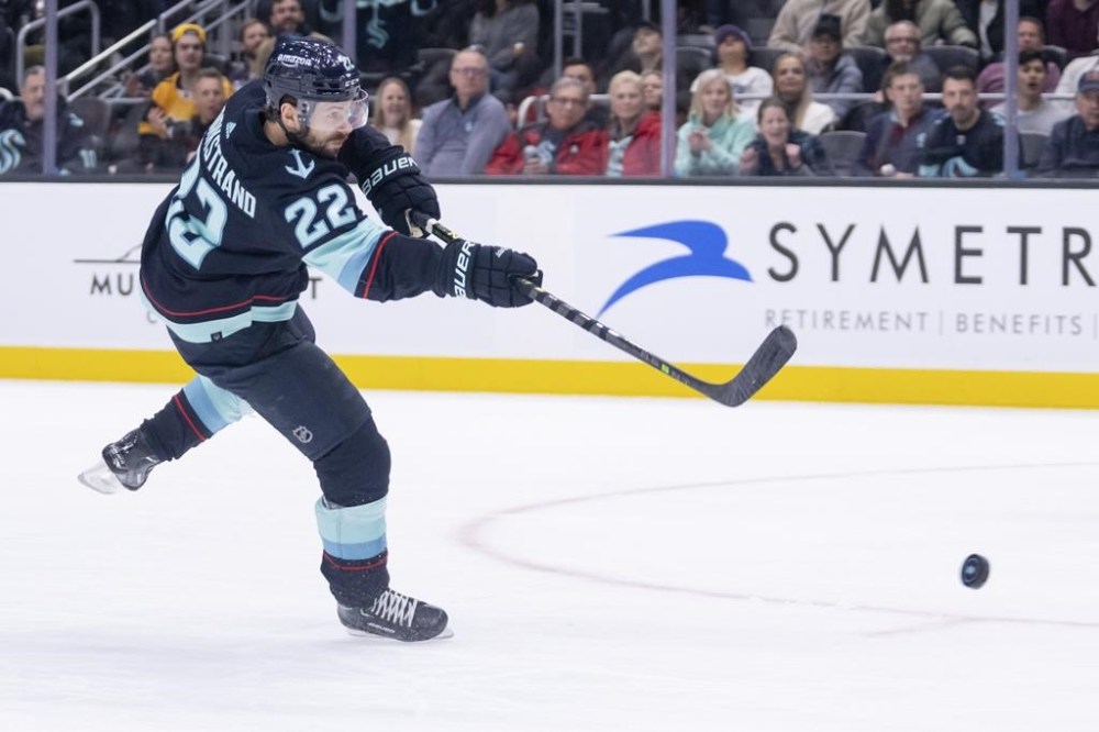 Seattle Kraken forward Oliver Bjorkstrand scores a goal during the second period of an NHL hockey game against the Philadelphia Flyers, Thursday, Feb. 16, 2023, in Seattle. (AP Photo/Stephen Brashear)