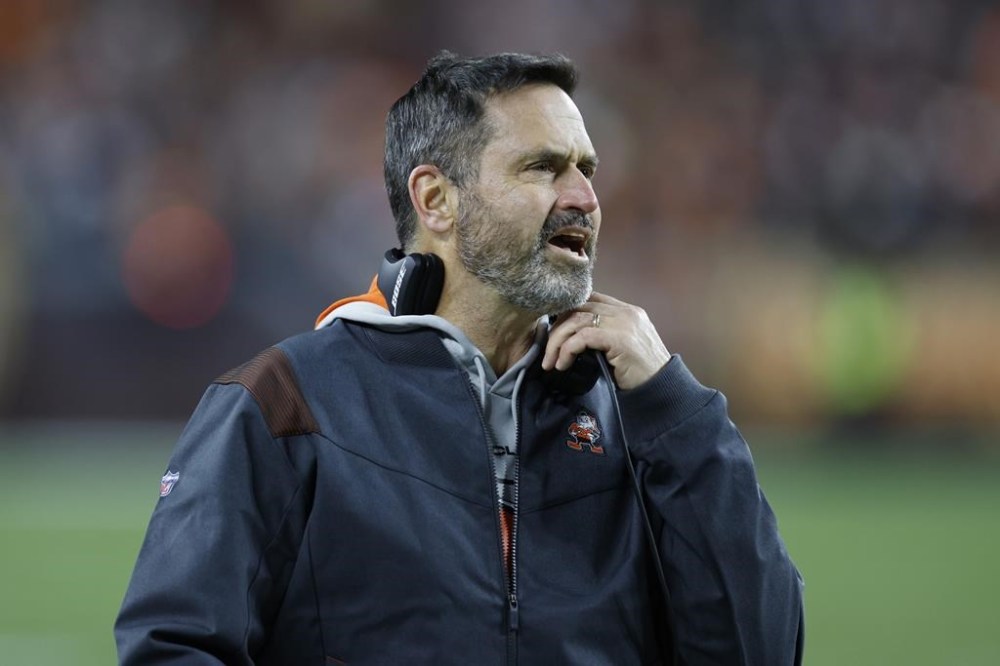 FILE - Cleveland Browns acting head coach Mike Priefer watches during the first half of an NFL football game against the Las Vegas Raiders, Monday, Dec. 20, 2021, in Cleveland. Browns special teams coordinator Mike Priefer has been fired, Tuesday, Feb. 21, 2023, following four seasons and numerous costly mistakes by his units.(AP Photo/Ron Schwane, File)