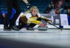 Manitoba skip Jennifer Jones delivers a rock while playing Northwest Territories at the Scotties Tournament of Hearts, in Kamloops, B.C., Tuesday, Feb. 21, 2023. Jones drew closer to the playoffs Tuesday with a 10-8 win over Kerry Galusha of Northwest Territories. THE CANADIAN PRESS/Darryl Dyck