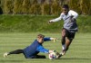 Vancouver Whitecaps FC's Sergio Cordova, right, tries to score a goal during the team's practice in Vancouver, B.C., Tuesday, February 21, 2023. Cordova is a Venezuelan international acquired from German Bundesliga side FC Augsburg. THE CANADIAN PRESS/Rich Lam