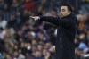 Barcelona's head coach Xavi Hernandez gestures during the Spanish La Liga soccer match between Barcelona and Cadiz CF at the Camp Nou stadium in Barcelona, Spain, Sunday, Feb. 19, 2023. (AP Photo/Joan Monfort)