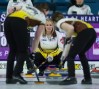 Manitoba skip Jennifer Jones, back, watches the shot while playing Team Wild Card 2 at the Scotties Tournament of Hearts, in Kamloops, B.C., on Wednesday, February 22, 2023. THE CANADIAN PRESS/Darryl Dyck