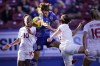 Japan forward Rikako Kobayashi (11) goes for the header against Canada defenders Ashley Lawrence (10) and Julia Grosso ( 7) during the first half in a SheBelieves Cup soccer match&nbsp;in Frisco, Texas, Wednesday, Feb. 22, 2023. THE CANADIAN PRESS/AP-LM Otero