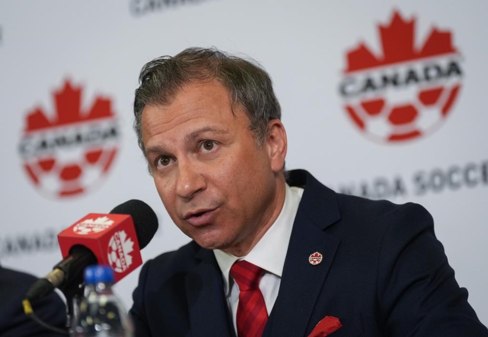 Canada Soccer president Nick Bontis speaks during a news conference, in Vancouver, on Sunday, June 5, 2022. Bontis has resigned as president of Canada Soccer, acknowledging change is needed to achieve labour peace. THE CANADIAN PRESS/Darryl Dyck