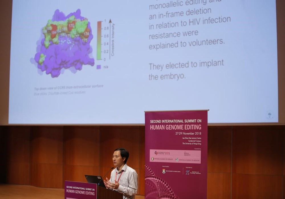 FILE - Chinese researcher He Jiankui speaks during the Human Genome Editing Conference in Hong Kong on Nov. 28, 2018. He made his first public comments about his claim to have helped make the world's first gene-edited babies. (AP Photo/Kin Cheung, File)