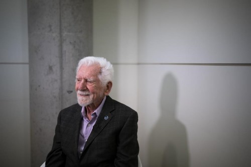 Marty Cooper, the inventor of first commercial mobile phone, during an interview with The Associated Press during the Mobile World Congress 2023 in Barcelona, Spain, Monday, Feb. 27, 2023. The four-day show kicks off Monday in a vast Barcelona conference center. It's the world's biggest and most influential meeting for the mobile tech industry. (AP Photo/Joan Mateu Parra)