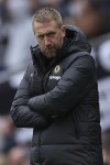 Chelsea's head coach Graham Potter reacts during the English Premier League soccer match between Tottenham Hotspur and Chelsea at Tottenham Hotspur Stadium in London, Sunday, Feb. 26, 2023.(AP Photo/Ian Walton)