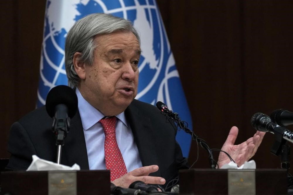 United Nations Secretary-General Antonio Guterres speaks to reporters during a news conference, in Baghdad, Iraq, Wednesday, March 1, 2023. (AP Photo/Hadi Mizban)