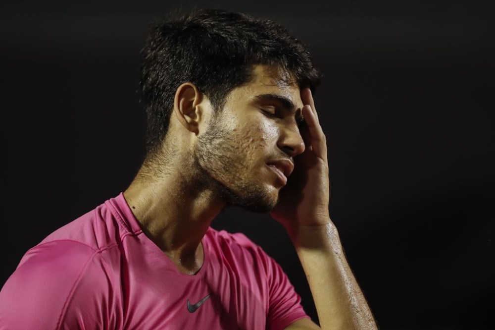 Carlos Alcaraz of Spain reacts during the final of the Rio Open Tennis tournament against Cameron Norrie of the United Kingdom, in Rio de Janeiro, Brazil, Sunday, Feb. 26, 2023. (AP Photo/Bruna Prado)