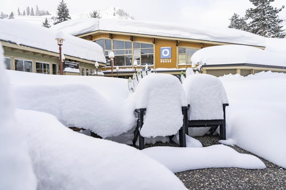 This photo provided by Palisades Tahoe shows snow cover at Palisades Tahoe ski resort formerly known as Squaw Valley Alpine Meadows in Olympic Valley, Calif., on Wednesday, March 1, 2023. (Blake Kessler/Palisades Tahoe via AP)