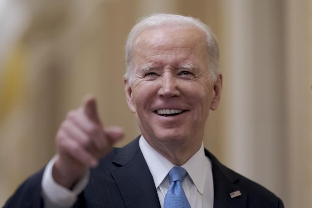 President Joe Biden talks to reporters after a lunch with Senate Majority Leader Chuck Schumer, D-N.Y., and Senate Democrats about his upcoming budget and political agenda, at the Capitol in Washington, Thursday, March 2, 2023. (AP Photo/J. Scott Applewhite)