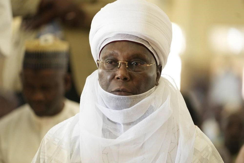 Atiku Abubakar, presidential candidate of the People's Democratic party, Nigeria's opposition party, during a traditional Friday prayers at the Moddibo Adama Mosque in Yola Nigeria, Friday, Feb. 24, 2023. On Feb. 25, voters will choose among 18 candidates in a first-round vote to succeed incumbent President Muhammadu Buhari, but despite being Africa's largest economy and and one of its top oil producers, Nigeria is in economic crisis. (AP Photo/Sunday Alamba)