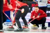Team Canada skip Brad Gushue yells instructions to the sweepers during Canada's first draw against British Columbia at the 2023 Tim Hortons Brier at Budweiser Gardens in London, Ont. on Friday, March 3, 2023. THE CANADIAN PRESS/ Geoff Robins