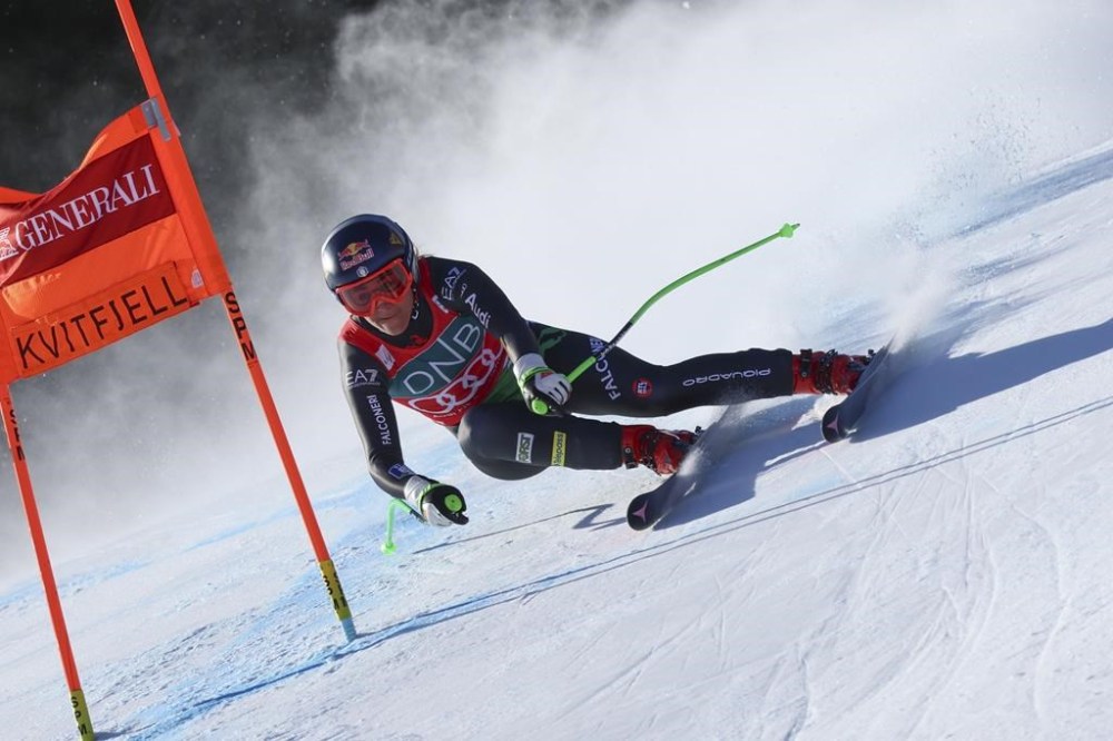 Italy's Sofia Goggia speeds down the course during an alpine ski, World Cup women's downhill race, in Kvitfjell, Norway, Saturday, March 4, 2023. (AP Photo/Marco Trovati)