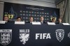 From left, SFA CEO Patrick Nelson, FAW CEO Noel Mooney, The FA CEO Mark Bullingham, FIFA President Gianni Infantino, IFA CEO Ian Maxwell and Director Of Media Relations at FIFA Bryan Swanson attend the 137th IFAB AGM at Marriott Hotel County Hall, London, Saturday March 4, 2023.(Aaron Chown/PA via AP)