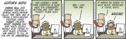 This image released by King Features Syndicate shows the Candorville comic strip by Darrin Bell who is pushing back against racist remarks made by “Dilbert” creator Scott Adams by using his own strip this week to lampoon the disgraced business-orientated cartoon that was dropped from newspapers across the country. (King Features Syndicate via AP)