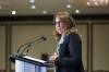 Carolyn Rogers, the deputy governor of the Bank of Canada, speaks at a Manitoba Chambers of Commerce lunch at the Fairmont Hotel in downtown Winnipeg, Thursday. (Ruth Bonneville / Winnipeg Free Press)