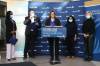 Premier Heather Stefanson at the Brandon Regional Health Centre along with Minister of Health Audrey Gordon, Brandon-East MLA Len Isleifson, Dr. Sri Navaratnam, president and CEO of CancerCare Manitoba, and Lee Meagher, chair of the CancerCare Manitoba Foundation on Wednesday. (Tim Smith/The Brandon Sun)