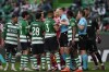 Sporting's players argue with referee during the Europa League round of 16, first leg, soccer match between Sporting CP and Arsenal at the Alvalade stadium in Lisbon, Thursday, March 9, 2023. (AP Photo/Armando Franca)