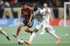 Atlanta United midfielder Thiago Almada, left, and Toronto FC forward Adama Diomande, right, battle for the ball during the first half of an MLS soccer match, Saturday, March 4, 2023, in Atlanta. Toronto FC could be short up front for its home opener Saturday against the Columbus Crew. Starter Diomande is out with a lower body injury and Ayo Akinola who replaced him, is questionable with a lower body injury of his own. THE CANADIAN PRESS/AP/Alex Slitz