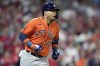 FILE - Houston Astros' Yuli Gurriel reacts after his RBI-single during the fifth inning in Game 4 of baseball's World Series between the Houston Astros and the Philadelphia Phillies on Wednesday, Nov. 2, 2022, in Philadelphia. Infielders Yuli Gurriel and José Iglesias agreed to minor league contracts with the Miami Marlins. (AP Photo/David J. Phillip, File)