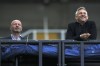 FILE - TV soccer pundits and former soccer players Alan Shearer, left, and Gary Lineker watch the FA Cup sixth round soccer match between Newcastle United and Manchester City at St. James' Park in Newcastle, England, Sunday, June 28, 2020. (Shaun Botterill/Pool via AP, File)