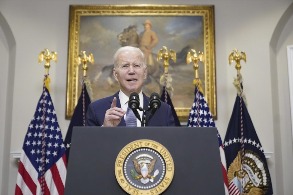 President Joe Biden speaks about the banking system in the Roosevelt Room of the White House, Monday, March 13, 2023 in Washington. (AP Photo/Andrew Harnik)