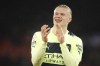 Manchester City's Erling Haaland celebrates their victory at the English Premier League soccer match between Crystal Palace and Manchester City at Selhurst Park stadium, in London, Saturday, March 11, 2023. (AP Photo/David Cliff)